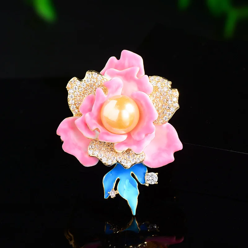 

National Elegant Temperament Peony Brooches Sweet Pink Enamel Pins Cheongsam Dress Accessories Luxury Inlaid Zirconium Corsage