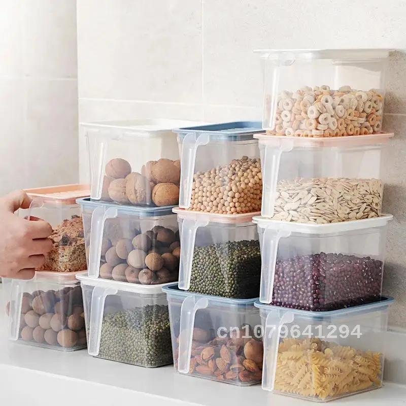 

Transparent Food Storage Box with Lid Handle for Kitchen Refrigerator - Grains and Beans Organizer Containers