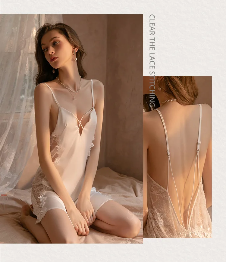 Women's Sexy Lingerie Satin Lace Slip Deep V Backless Nightgown Hot Suspender Nightdress Thong Suit Femme Erotic Sleepwear Dress