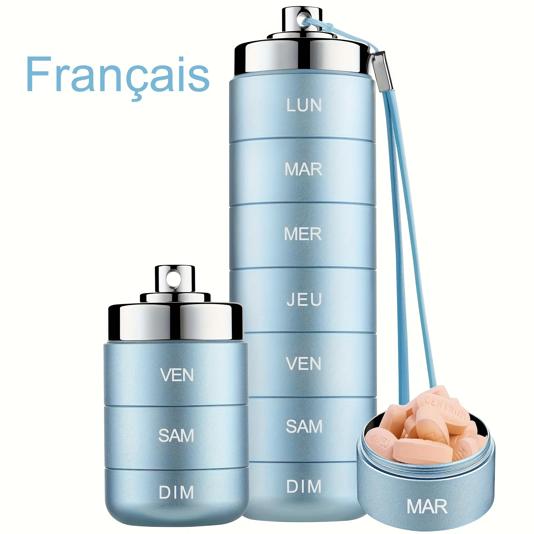 [French printing]Metal Travel Pill Organizer, Portable 7 Day Vitamin Organizer Stackable, Waterproof 1 Times A Day Pill Box