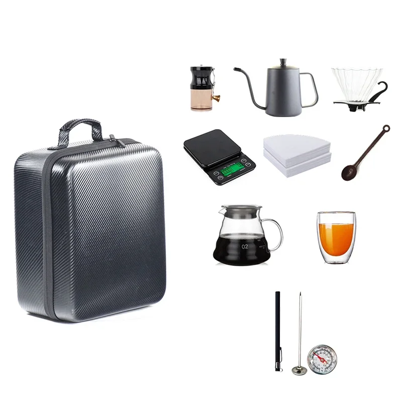 

9Piece/Set All-in-one V-type 60 ° Travel Barista Coffee Set Manual Grinder Dripper Paper Bag Kettle Timer Scale