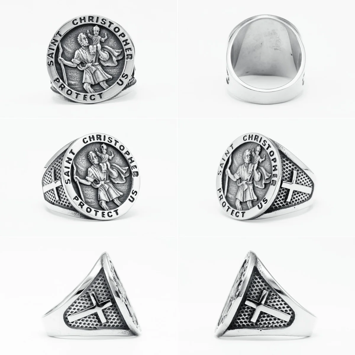 St Christopher Rings 316L Stainless Steel Men Patron Saint Cross Ring Traveler Amulet Punk Rock for Male Rider Jewelry Best Gift