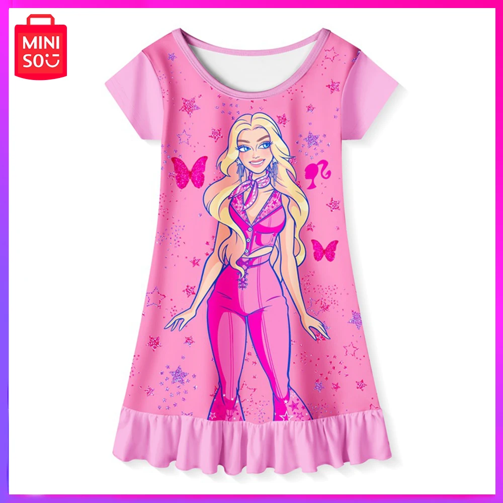 

2024 Miniso Barbie New Summer Children Skirt Fashion Cartoon Print Milk Fiber Nightdress Rose Red Kawaii Girl Birthday Present