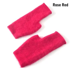 Luxurious Mink Cashmere Fingerless Women's Gloves - Warm Knitted Wool Mittens with Thumb Hole Design (Rose Red)