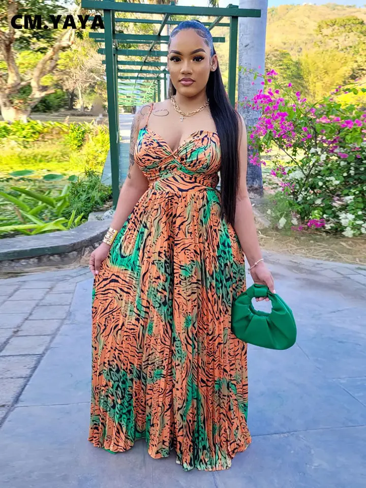 CM.YAYA Women Leopard Spaghetti Strap Loose Wide Leg Sleeveless