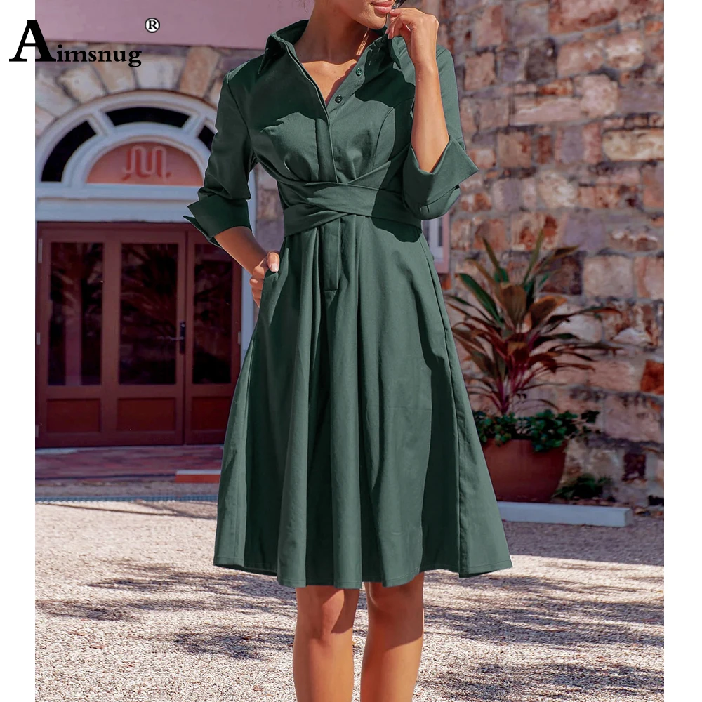 

2023 Women Casual Boho Ink Green Perspective Dresses Autumn Knee-Length Dress with Belt Ladies Vintage Turn-down Collar Dress