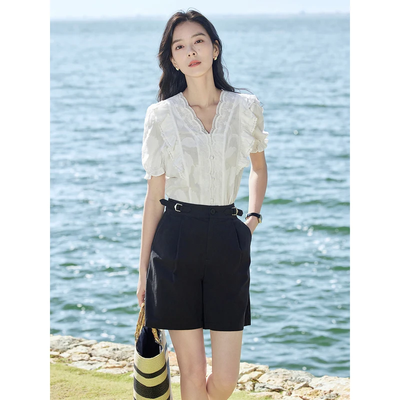 INMAN Women Short Pants 2023 Summer Elastic Waist Straight Loose A-shaped Trousers Pure Cotton Comfort Black Green Casual Pants