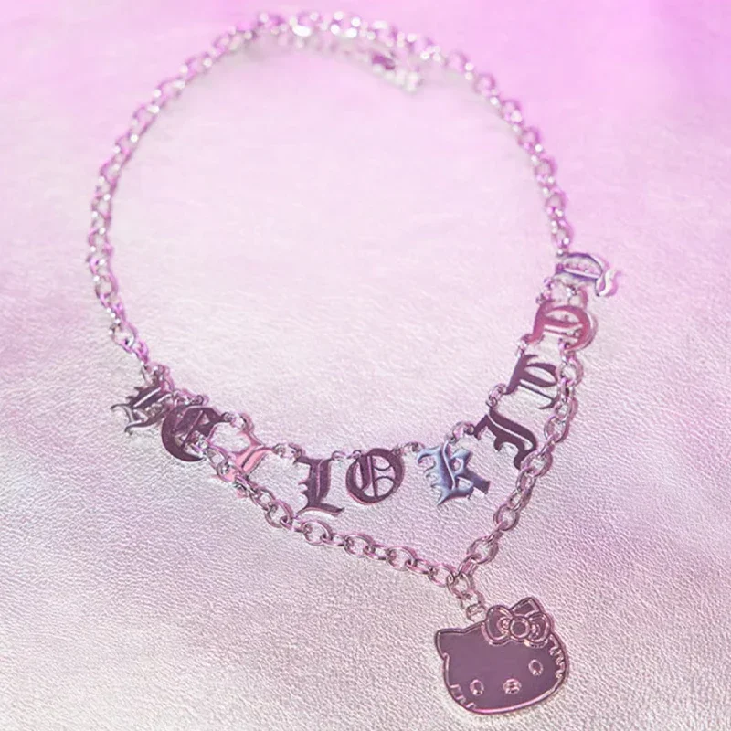 

Sanrio Y2k Hello Kitty Necklace Kawaii Cartoon Clavicle Chain Diamond Ring Pendant Sterling Silver Hot Girl Sweet Birthday Gift