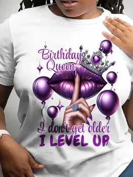 Birthday Queen Women's Tee, Purple Lips Crown Graphic White Top 1