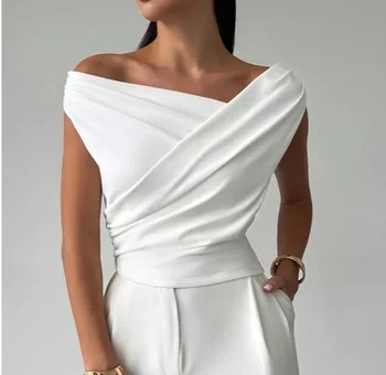 Fashion Simple Office Tops Female Slash Neck Sleeveless Blouse shirts For Women Elegant Summer Women Shirt White Black 1