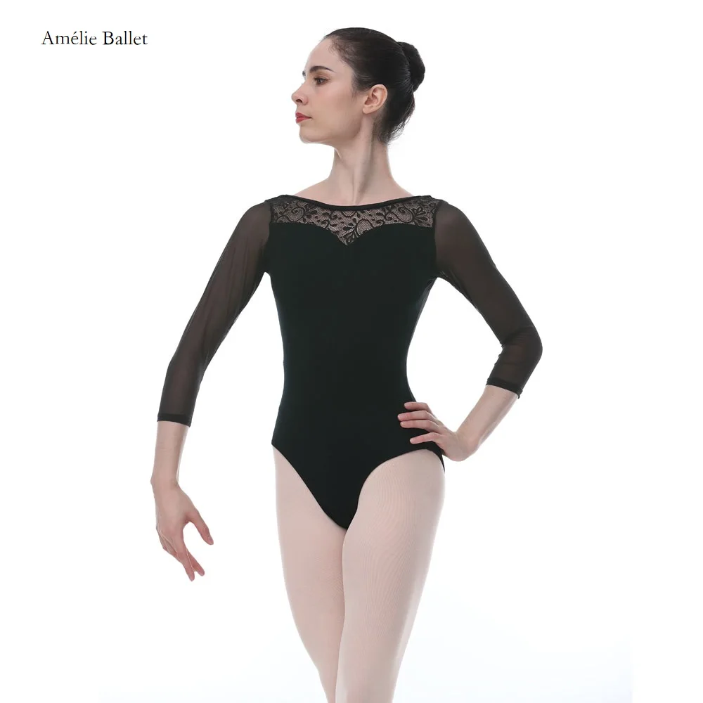 

Бесплатная доставка, танцевальные Лоферы для взрослых 03D0351 с кружевными рукавами и низким вырезом на спине, черное боди для взрослых девочек, балетная тренировочная танцевальная одежда