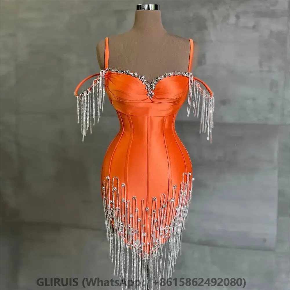 

New Arrival Orange Short Prom Dresses Crystals Tassel Sweetheart Women Cocktail Party Evening Gowns Custom Made Free Shipping
