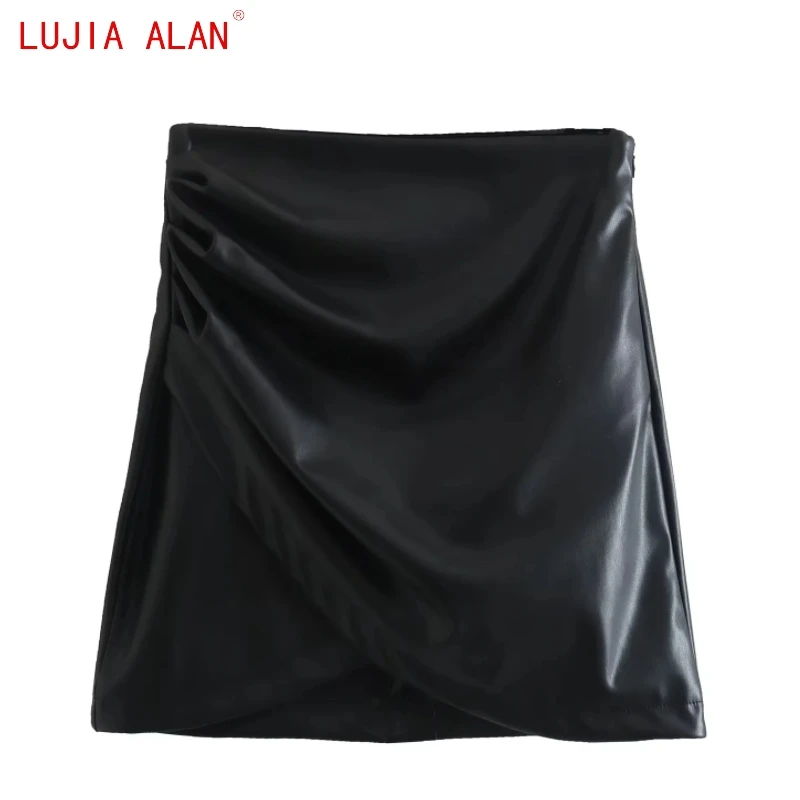

Autumn New Women Faux Leather Pleated Slim Mini Skirts Female Casual High Waist Side Zipper Street Clothing LUJIA ALAN P5265