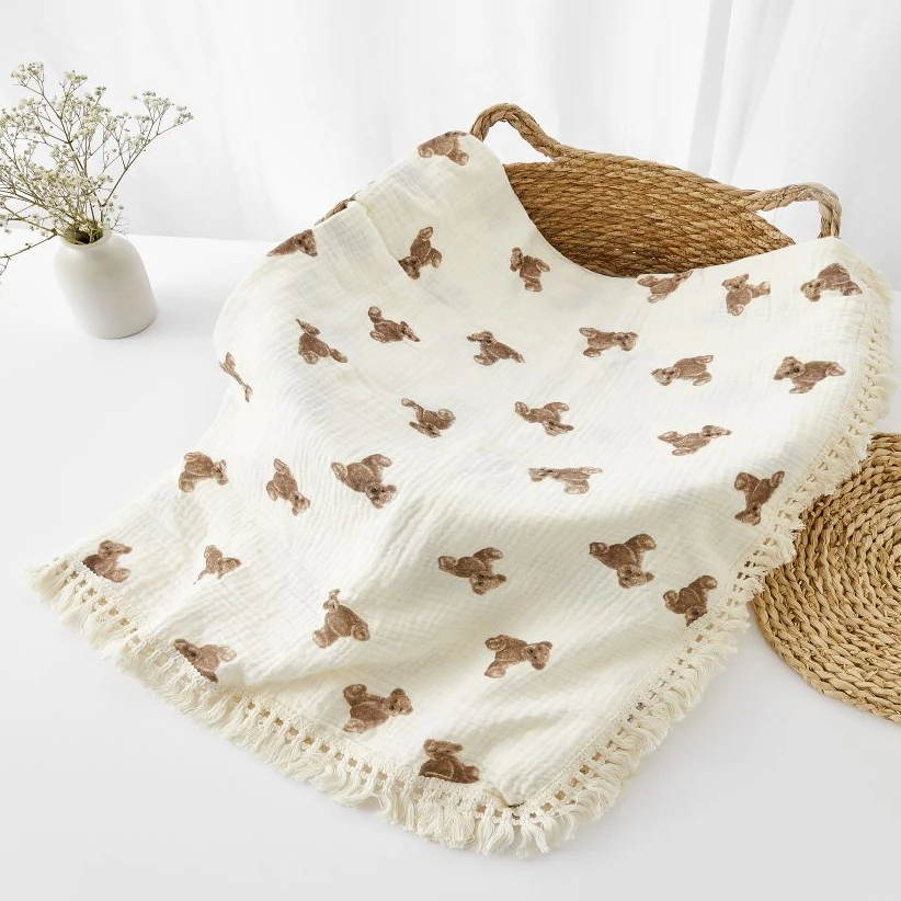 Cotton Muslin Blanket Organic Baby Double Layer Fringe Summer Swaddle