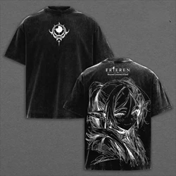 Vintage Washed Anime Frieren Graphic Men's Oversized Cotton T - Shirt - Summer Casual Short Sleeve Tee - XXL (Black)