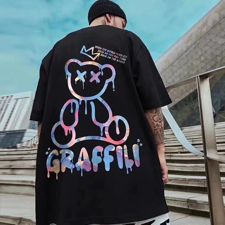 

M-8XL Men's High Quality Graffiti Cartoon Bear Printed T-Shirt Casual Short Sleeve Oversize Tshirt Couples T-Shirt Tops Fasion