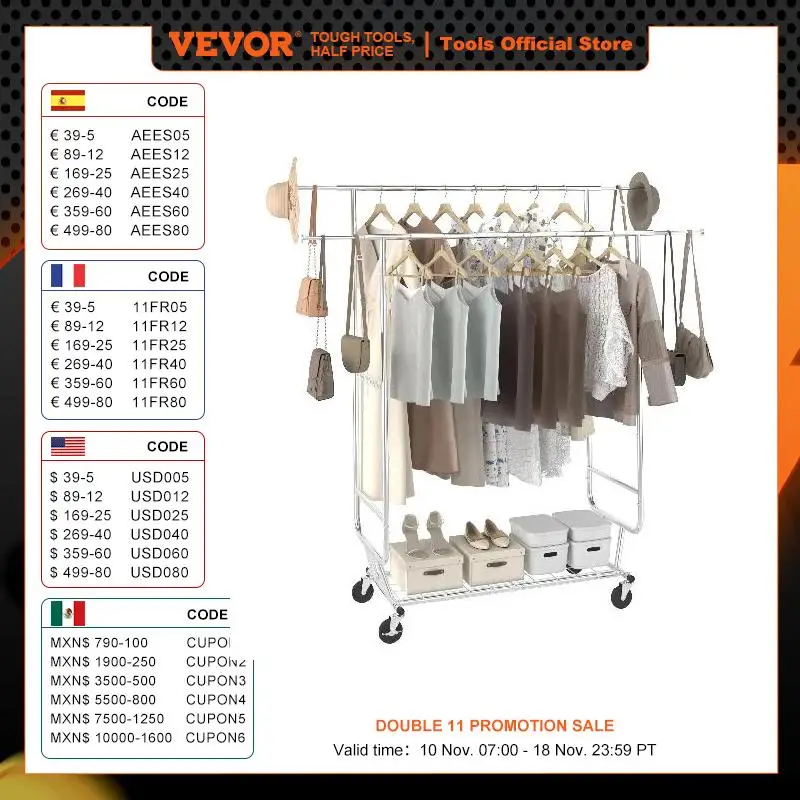 VEVOR Clothing Garment Rack Heavy Duty Adjustable Length w/ Bottom Shelf & Wheels For Laundry Room