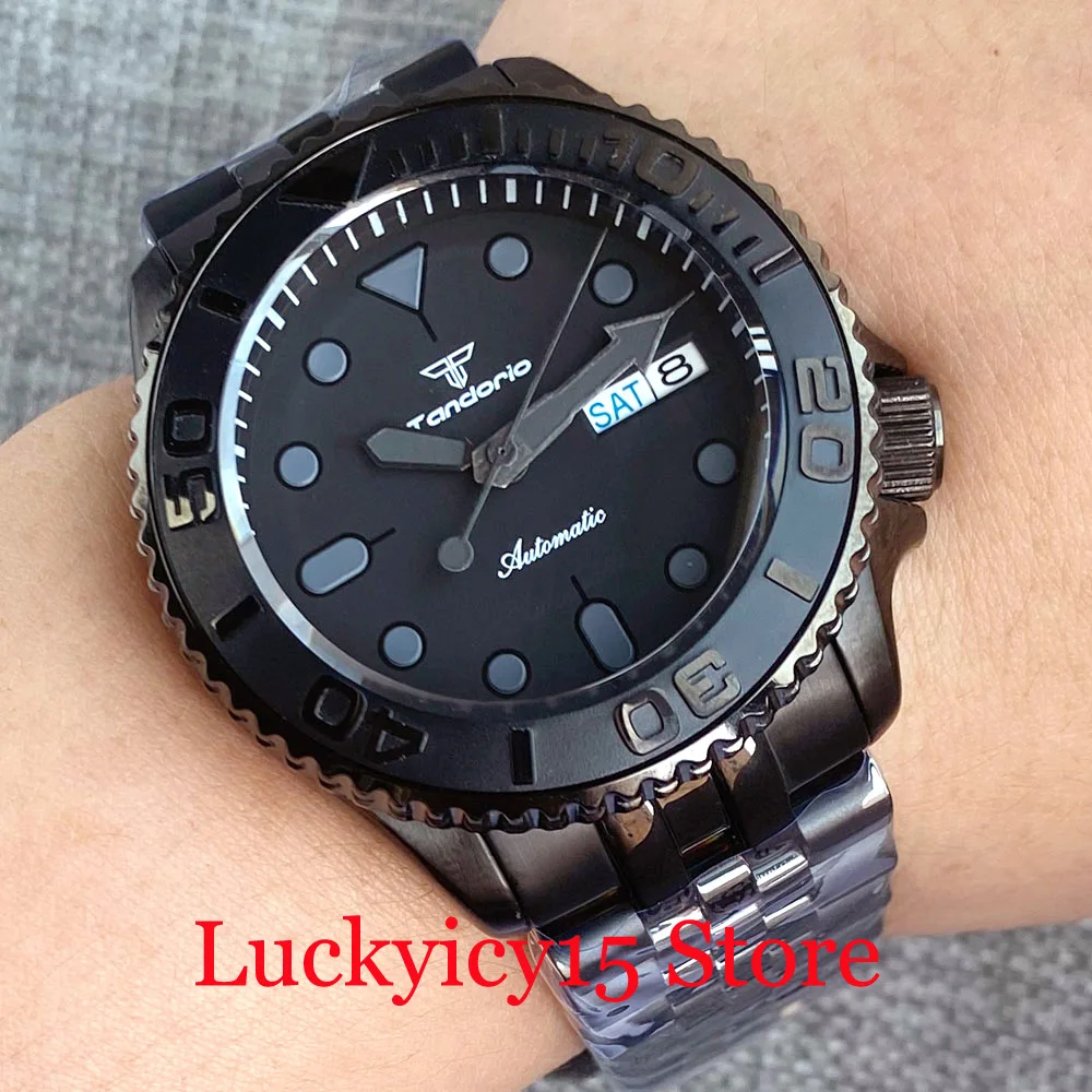Diver 20bar Waterproof Tandorio 41MM Black PVD Watch Black Automatic NH36A Men Watch Double Date Display Dome Sapphire Glass