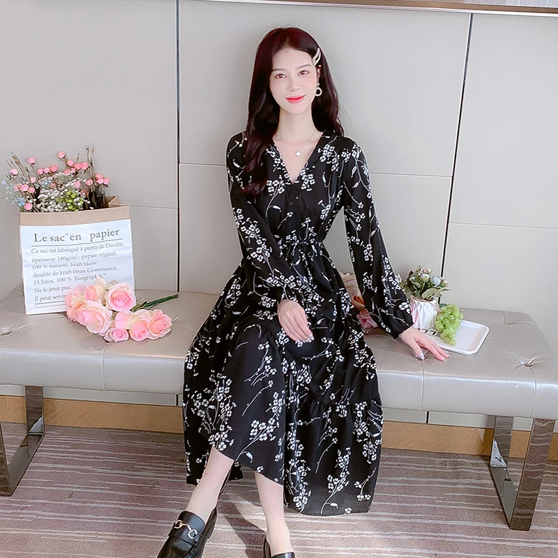 Spring Black Floral Chiffon Long Sleeve V-Neck Midi Dress 2023 New White  Elegant Casual Dress Women Korean Vintage Hepburn Dress - AliExpress