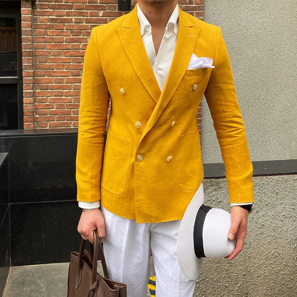 Linen Men Blazer Casual Double Breasted Suit Jacket