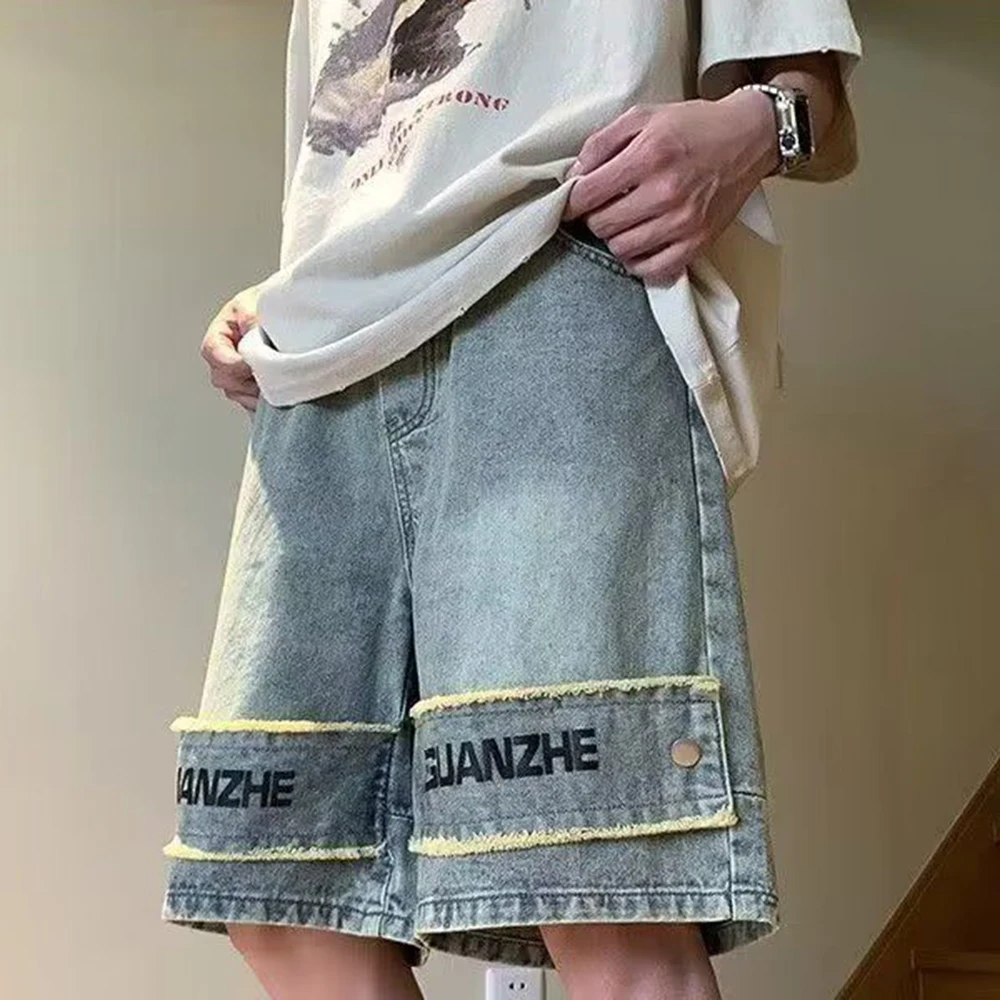 American Retro Men's Summer High Street Hip-hop Made of Old Washed Stitching Five-point Straight Y2K Embroidered Denim Shorts