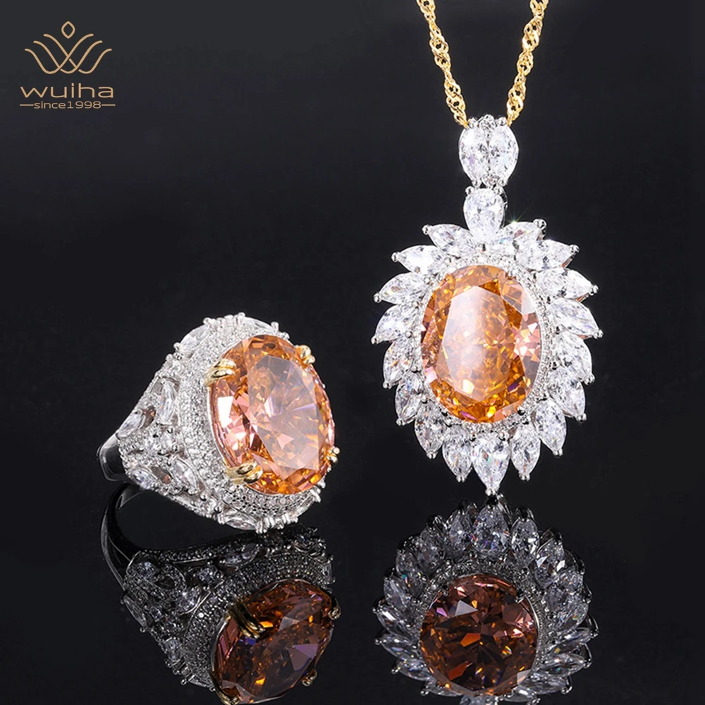 Wuiha 925 Sterling Silver 12*16Mm Padparadscha Sfaccettato Gemma Anello/Ciondolo/Collana Anniversario Fine Gioielli Set Drop Shipping