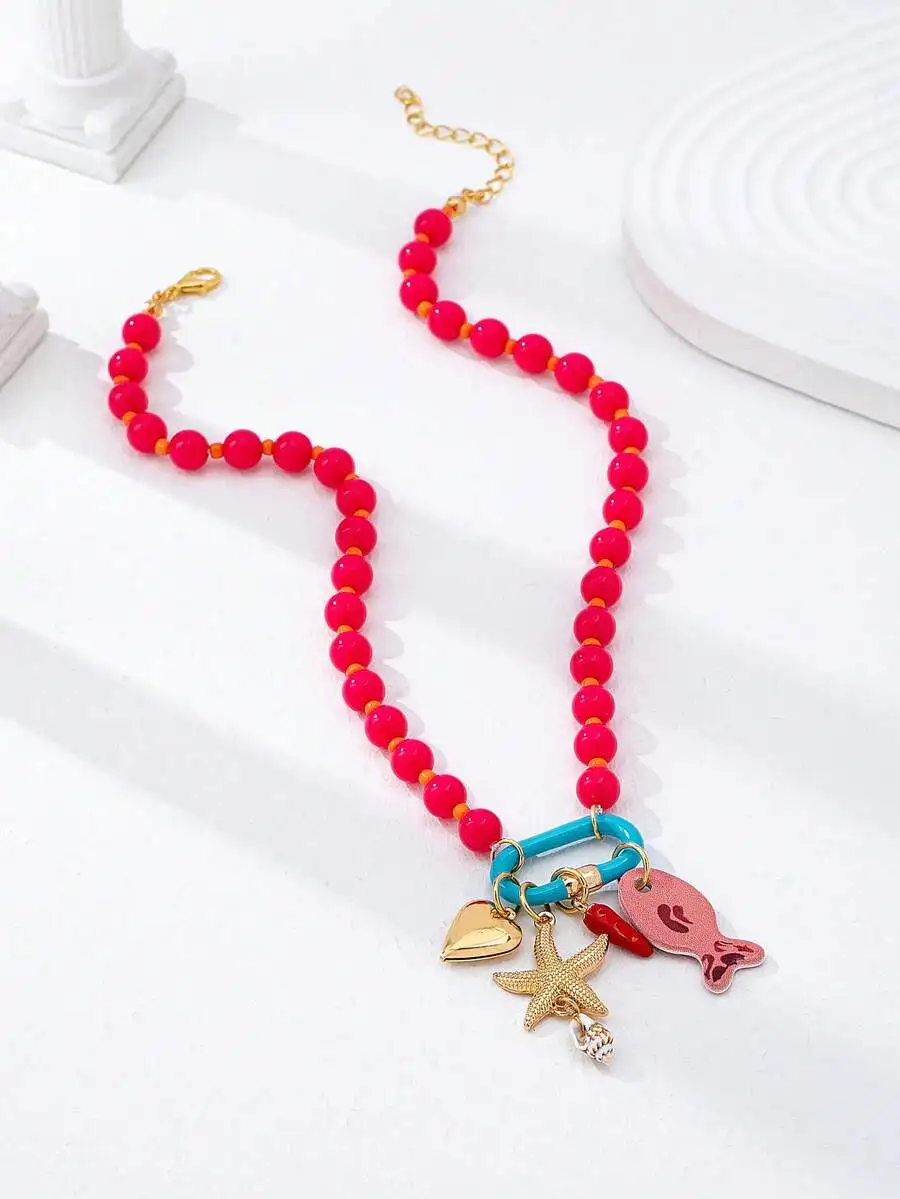 1pc Summer Beach Multi-Layer Resin Beaded Necklace, Colorful Fish & Starfish Charms, Boho Jewelry for Vacation & Beach Party
