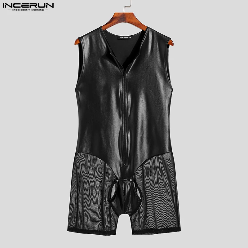 INCERUN Men Bodysuits Mesh Patchwork Sexy See Through Zipper Homewear Sleeveless Rompers Pajamas Men Bodysuits S-5XL 7
