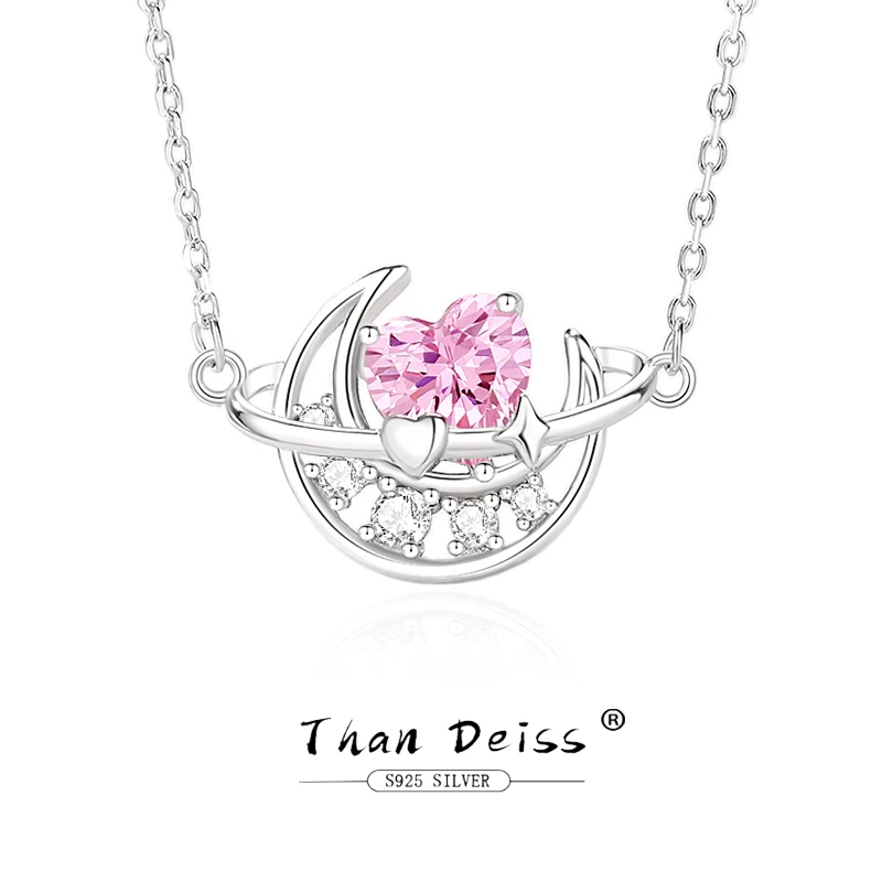 

Original Design Fantasy Planet Moon Necklace S925 Sterling Silver Pink Heart Zircon Diamond Pendant Top Quality Women Jewelry
