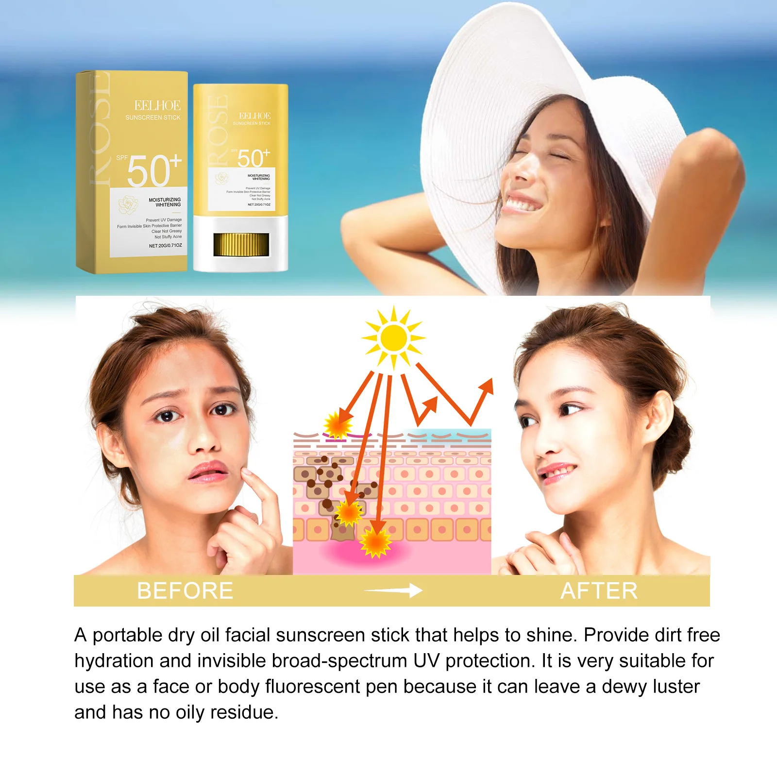 EELHOE Rose Sun Screen Cream Spf 50 for Face Care Brightening Skin Care Products Oil Control Waterproof Mint UV Protection Cream