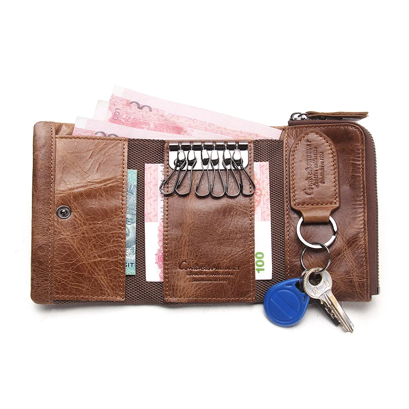 CONTACT'S Crazy Horse Leather Key Wallets Men Hasp Design Zip Coin Purse Key Chains Vintage Slim Purse Men's Money Clip