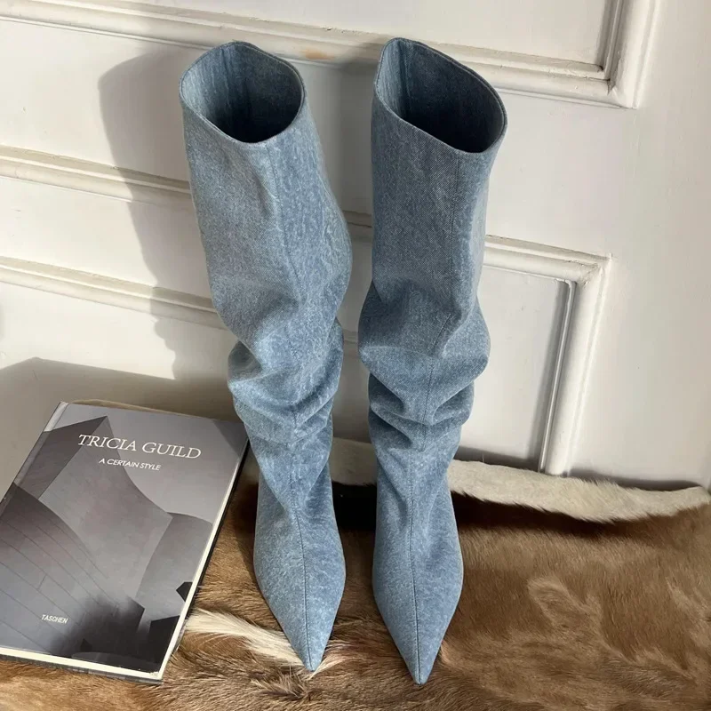 

Женские Плиссированные сапоги Челси до колена с острым носком, Осенние ковбойские сапоги в стиле ретро на низком каблуке, женская обувь