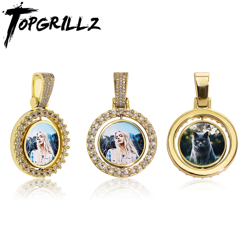 TOPGRILLZ Small Size Custom Made Photo Rotating Double-sided Medallions Pendant Necklace With 4mm Tennis Chain Hip Hop Jewelry 3 speeds electric rotating display stand mirror 360 degree turntable jewelry holder battery usb power for photography shooting