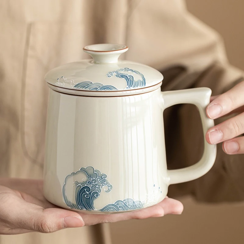 Chinese Style Ceramic Mugs, Home Personal Office Creative Teacup With Cover, Filtered Tea Water Separation, Tea Cups, 350ml, 1Pc