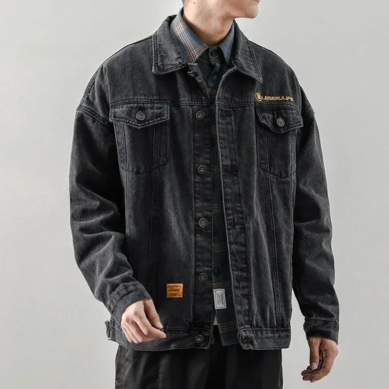 thumbnail image 1 of Chaqueta vaquera negra de otoño para hombre, con botones, azul, para hombre, precio económico, ropa de lujo elegante, vintage, una pieza de tela, 1 of 4