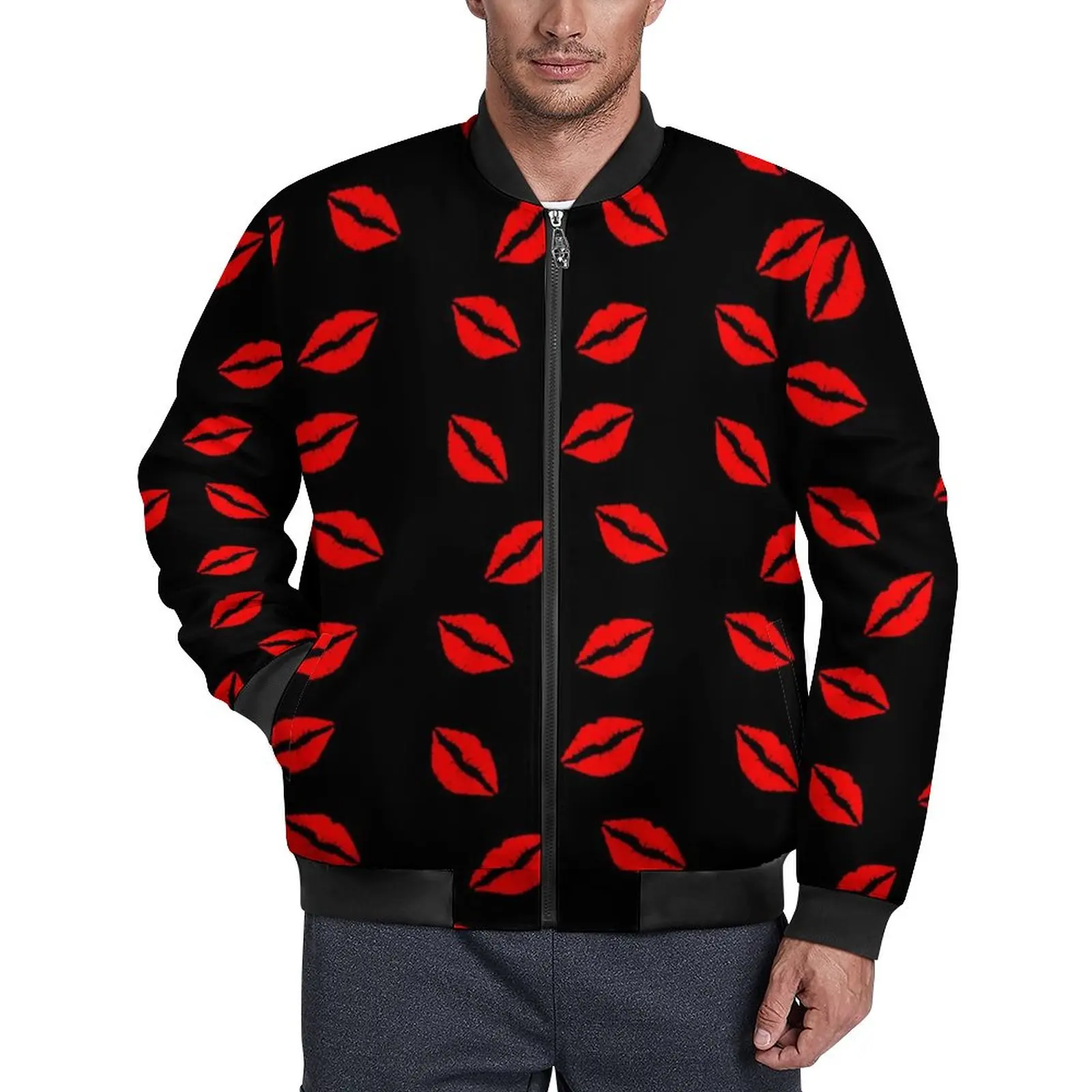 

Kissy Lips Casual Jackets Red Mouths Print With Pockets Windbreakers Men Design Coats Autumn Streetwear Outdoor Jacket Plus Size