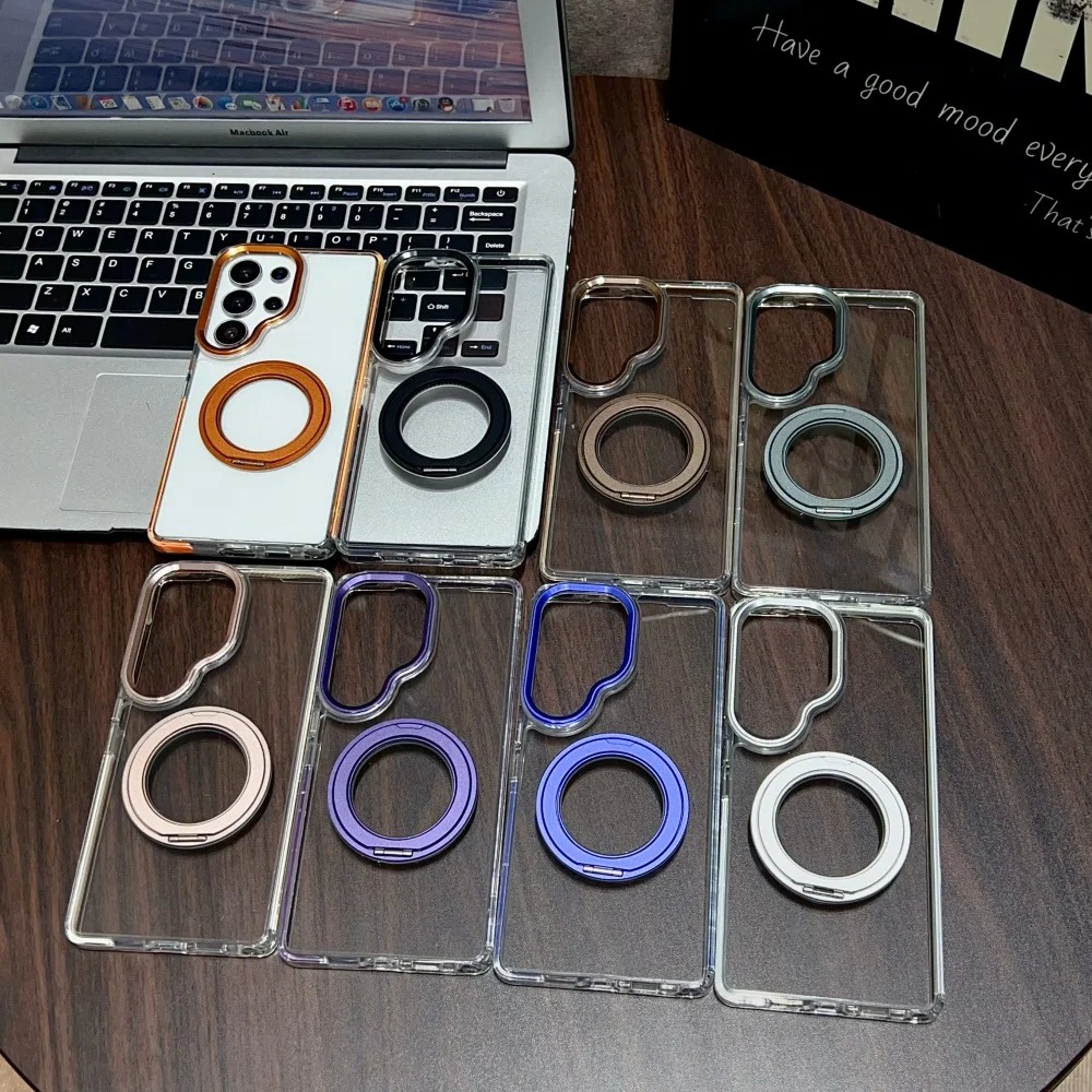 Magnetic 360 Rotating Transparent Shockproof Phone Case with Colorful Bumper Cover