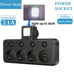 Smart Power Strip with USB - C, Night Light, and Independent Switches (EU Plug) - EU Plug (3 Outlets Black)