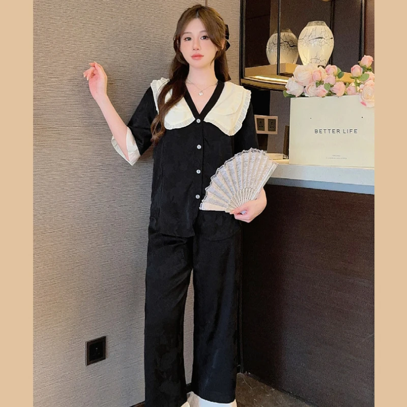 Jacquard Ice Silk Sleepwear Women Silk Pajama Sets Short Sleeve Summer Nightwear Loungewear Set Thin Lace Kawaii Clothes Pajamas