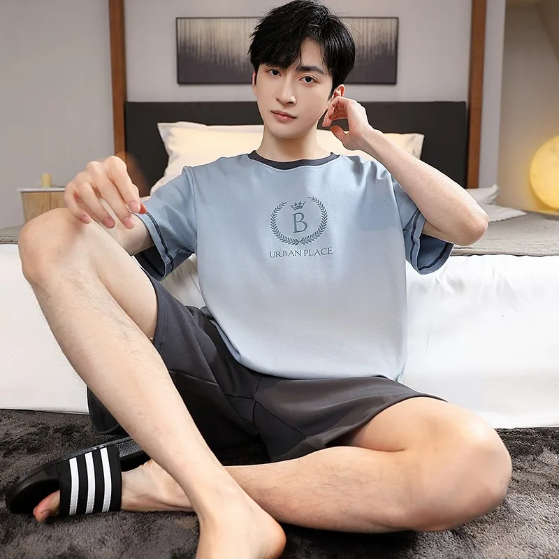 Pajamas Men Cotton Short-sleeved Summer Men Teen Homewear 2-Piece Suit Breathable Casual Loungewear Homme