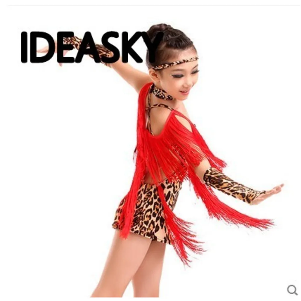 Girls Tassel Latin Dance Children Leopard Yellow Red Sequined Tango Rumba Samba Cha Cha Costumes Child Competition Costume Dress