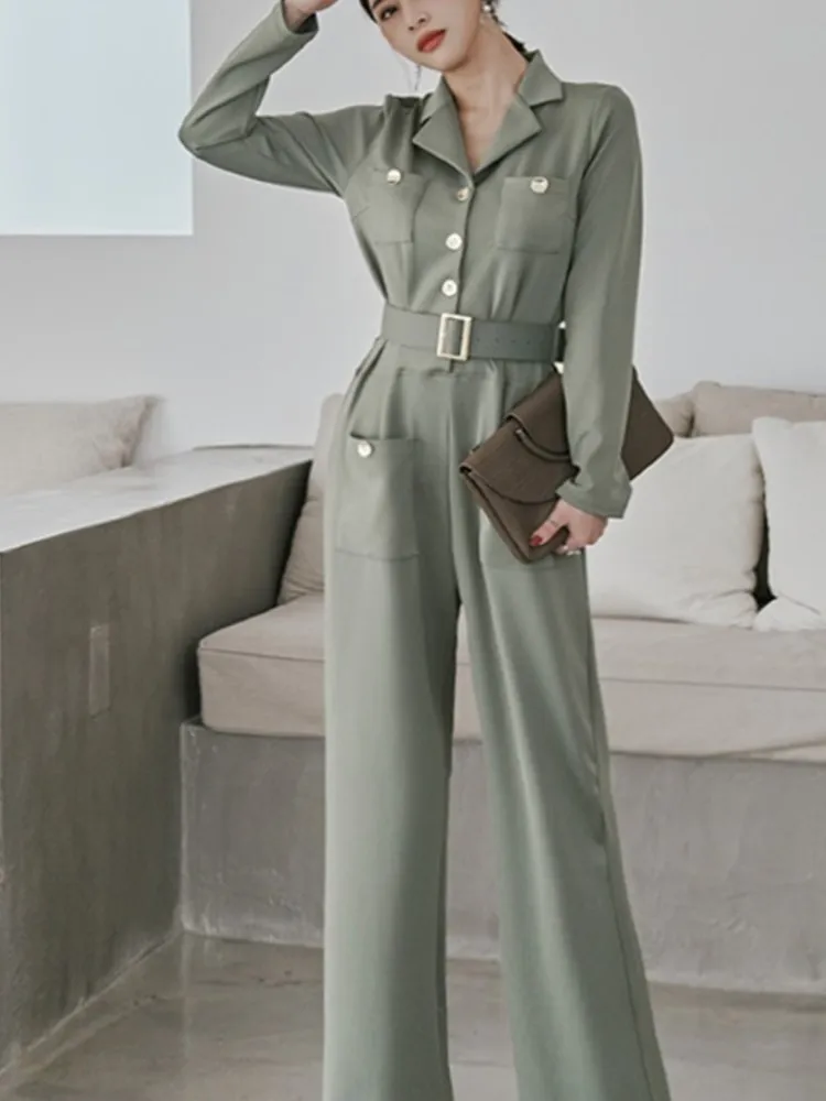 

Women Casual Jumpsuit Autumn Spring Female Wide Leg Jumpsuit With Belt Office Lady Elegant Rompers