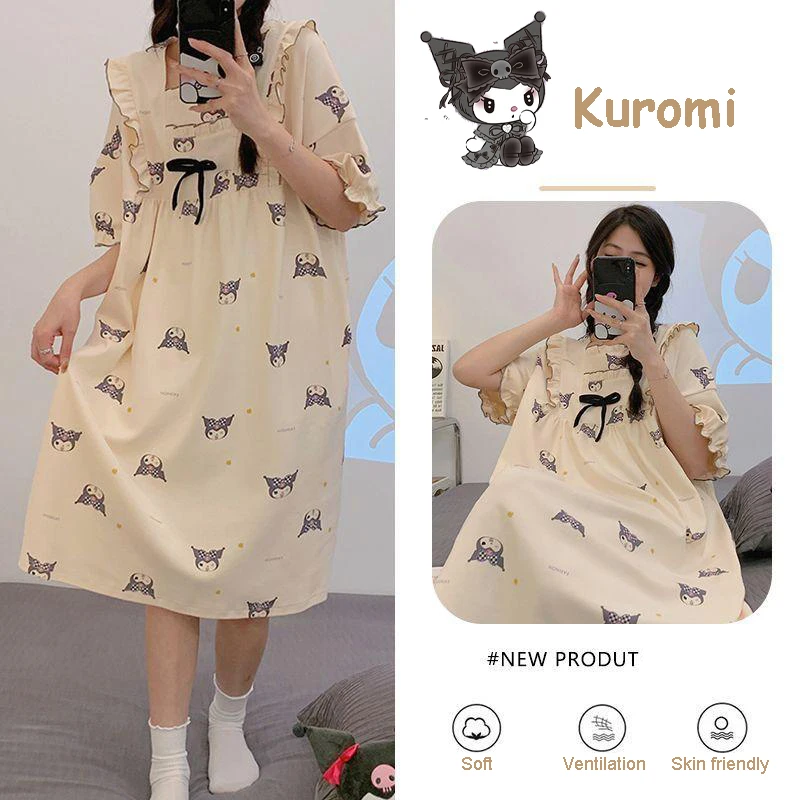 

Summer New Kuromi Pajamas Kawaii Short Sleeved Thin Style Pure Cotton Nightgown Loose and Comfortable Leisure Home Clothing