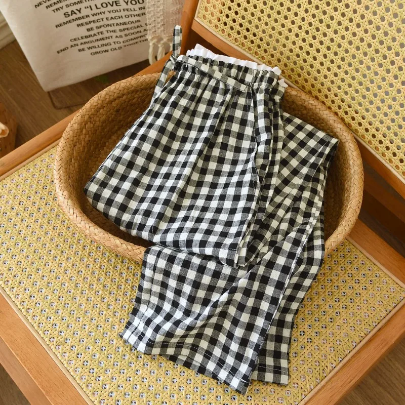 2026 new women's sleepwear 100% cotton gauze lace checkered pants Japanese minimalist home pants bottoms womens sleepwear - 3