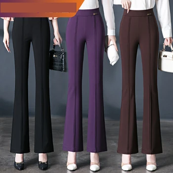 2025 Spring New Versatile High-waisted Fishtail Flare Pants Women, Coffee Elastic Waist Elastic Commuter Casual Trousers Femme 1