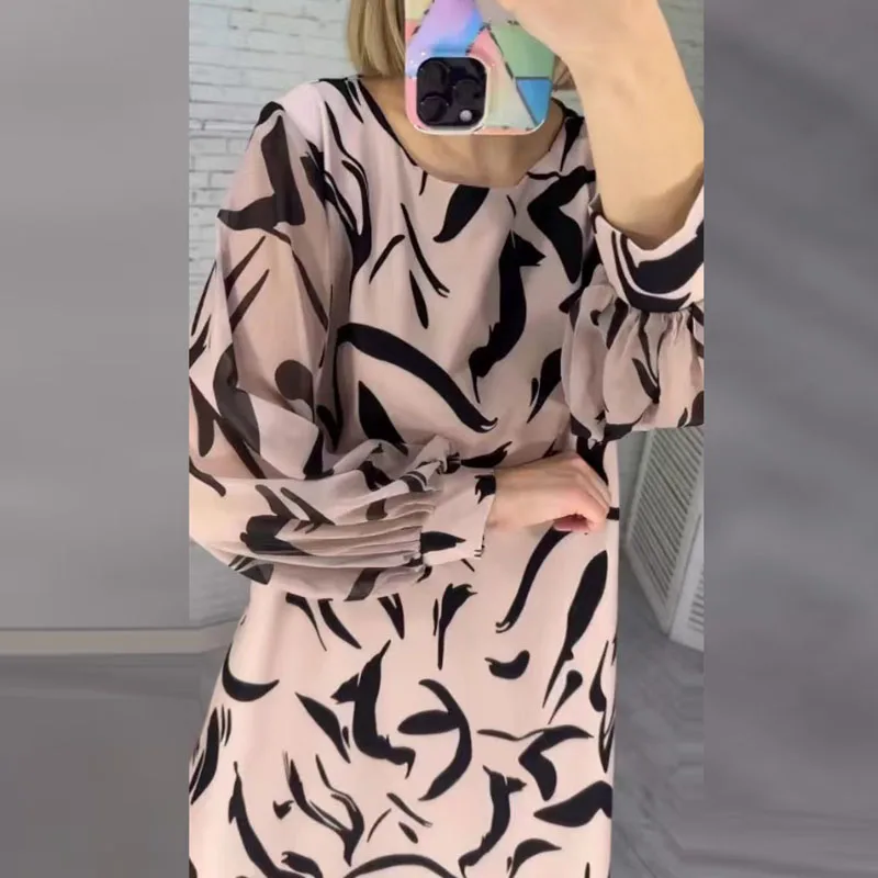 

Female Elegant O-neck Straight Party Dress 2024 Spring Pattern Print Vintage Mini Dress Women Long Sleeve A-Line Autumn Dresses