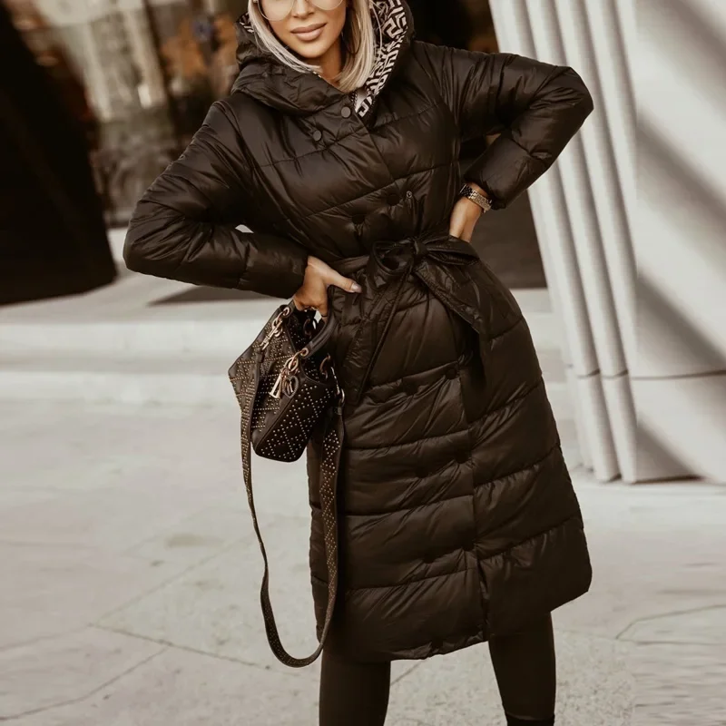 Women Elegant Print Hooded Down Coat Fall Fashion Button Lace-up Long Jacket Winter Casual Long Sleeve Pocket Straight Outerwear