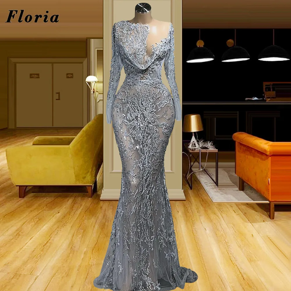 

Floria Muslim Grey Beads Evening Dresses 2022 Arabic Long Lace Prom Dress Vestidos Plus Size Illusion Wedding Party Gowns Dubai