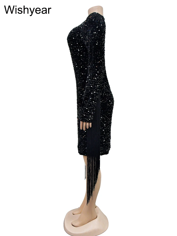 chinese dress ladies Sexy Solid Tassel Sequins Shimmer V Neck Wrapped Skirt Dresses(Champagne/M) main image 1