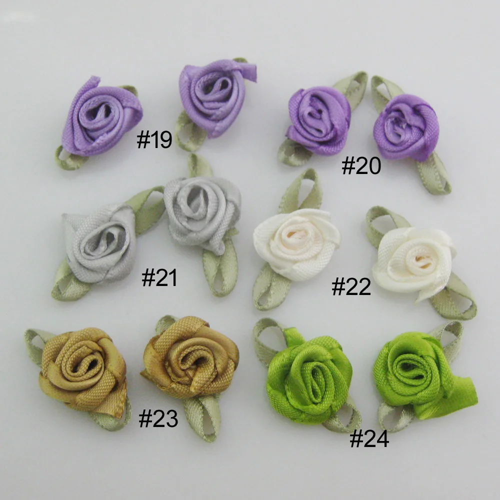 Vibrant Fabric Ribbon Rose Rosettes with Leaf - Set of 50 Flower Embellishments for DIY Crafts & Sewing Supplies